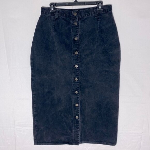 Vintage Leigh Morgan Washed Black Denim Button Front Midi Pencil Skirt L - Picture 13 of 13